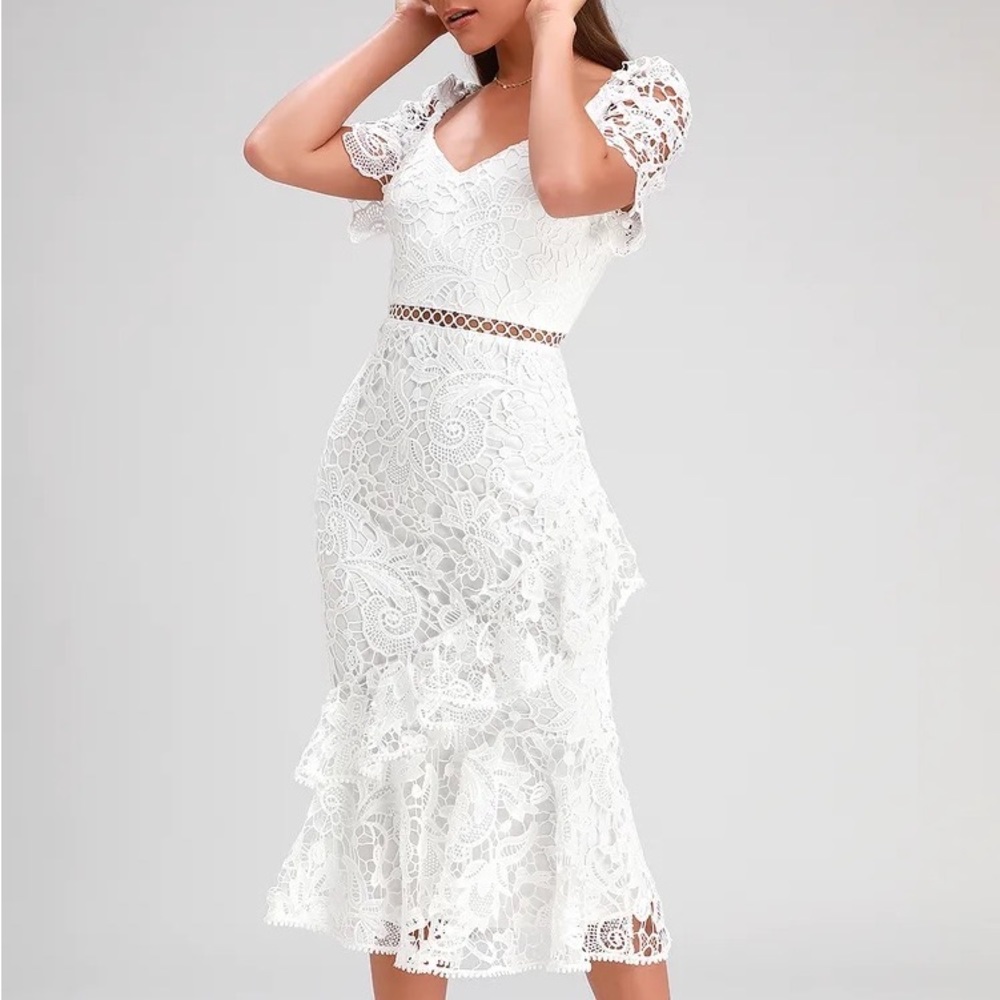 White Lace Ruffle Midi Dress (Briarwood - Lulus)